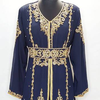 Navy blue Moroccan Kaftan With Sun-proof hijab 3
