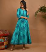 KAAJH Turquoise Printed Cotton Anarkali Kurta