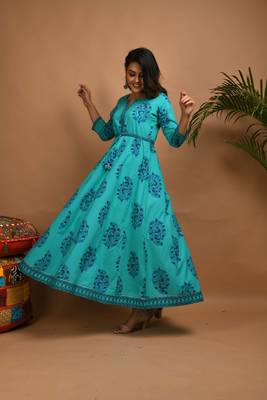 KAAJH Turquoise Printed Cotton Anarkali Kurta 2