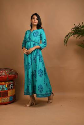 KAAJH Turquoise Printed Cotton Anarkali Kurta 3