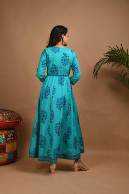 KAAJH Turquoise Printed Cotton Anarkali Kurta 4