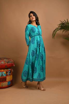 KAAJH Turquoise Printed Cotton Anarkali Kurta 5