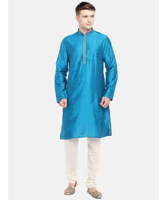 Ethnicity Polystaple Slub Straight Men Teal Kurta 1