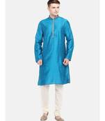 Ethnicity Polystaple Slub Straight Men Teal Kurta