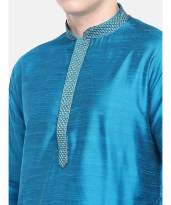 Ethnicity Polystaple Slub Straight Men Teal Kurta 2