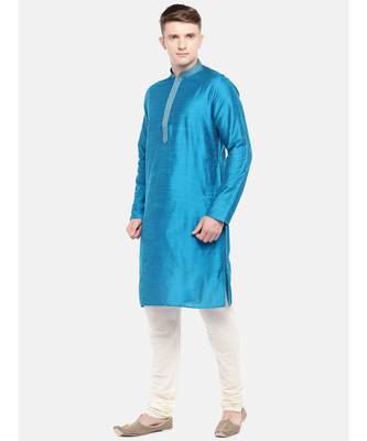 Ethnicity Polystaple Slub Straight Men Teal Kurta 3