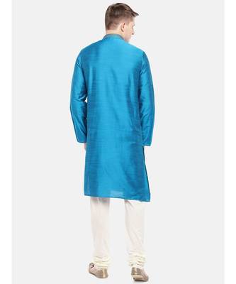 Ethnicity Polystaple Slub Straight Men Teal Kurta 4