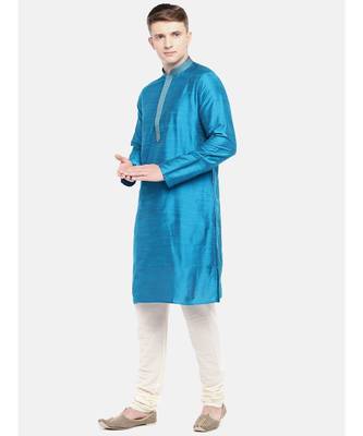Ethnicity Polystaple Slub Straight Men Teal Kurta 5