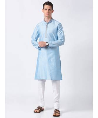 Ethnicity Polystaple  Straight Men Light Blue Kurta 2