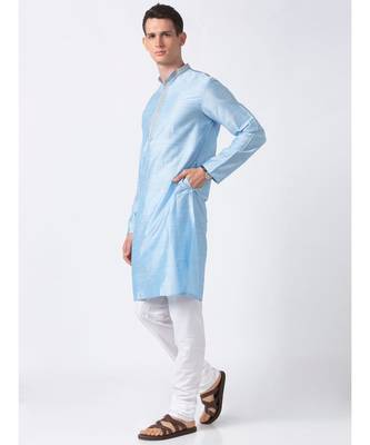 Ethnicity Polystaple  Straight Men Light Blue Kurta 3