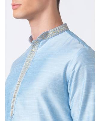 Ethnicity Polystaple  Straight Men Light Blue Kurta 4