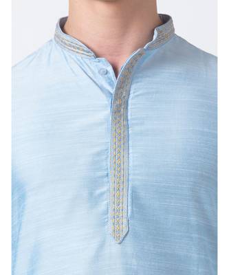 Ethnicity Polystaple  Straight Men Light Blue Kurta 5