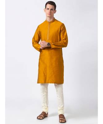Ethnicity Polystaple  Straight Men Mustard Kurta 1