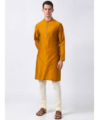 Ethnicity Polystaple  Straight Men Mustard Kurta 2