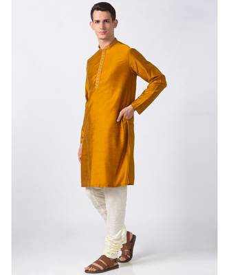 Ethnicity Polystaple  Straight Men Mustard Kurta 3