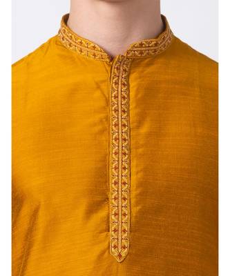Ethnicity Polystaple  Straight Men Mustard Kurta 5