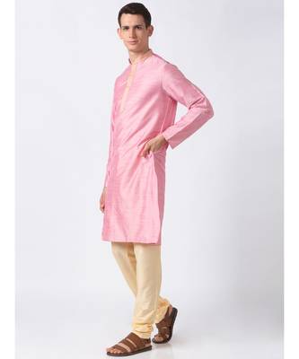 Ethnicity Polystaple  Straight Men Pink Kurta 1
