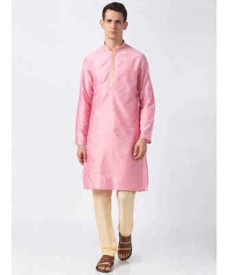 Ethnicity Polystaple  Straight Men Pink Kurta 2