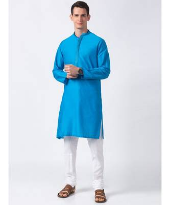 Ethnicity Polystaple  Straight Men Teal Kurta 1