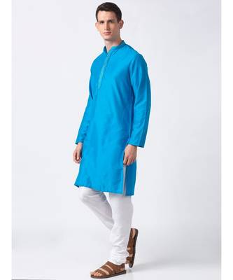 Ethnicity Polystaple  Straight Men Teal Kurta 3