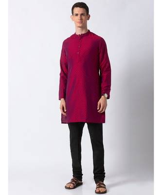 Ethnicity Polystaple  Straight Men Magenta Kurta 1