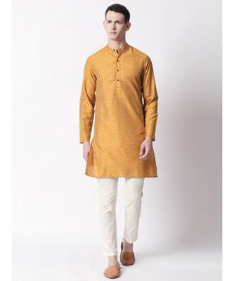 Ethnicity Polystaple  Straight Men Mustard Kurta 1