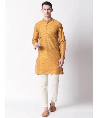 Ethnicity Polystaple  Straight Men Mustard Kurta 6