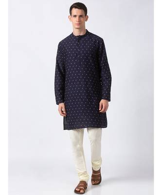 Ethnicity Polystaple  Straight Men Navy Kurta 1