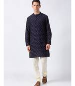 Ethnicity Polystaple  Straight Men Navy Kurta