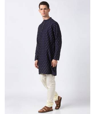 Ethnicity Polystaple  Straight Men Navy Kurta 2