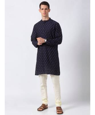 Ethnicity Polystaple  Straight Men Navy Kurta 3