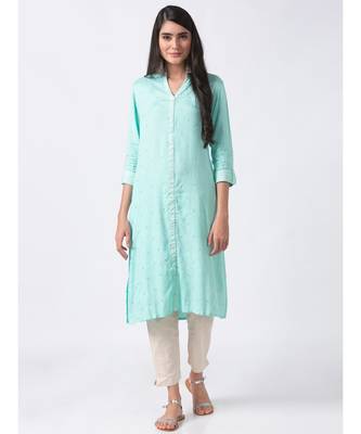 Ethnicity Women Flared Viscose Rayon Mustard Kurta 2