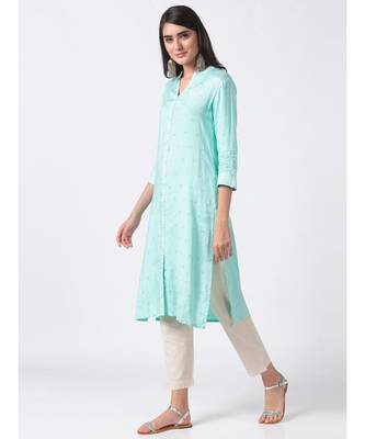 Ethnicity Women Flared Viscose Rayon Mustard Kurta 4