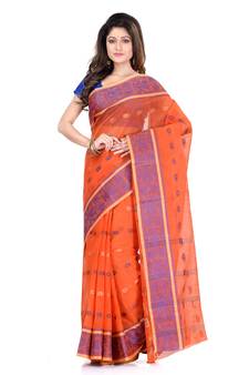 Orange hand woven cotton saree 