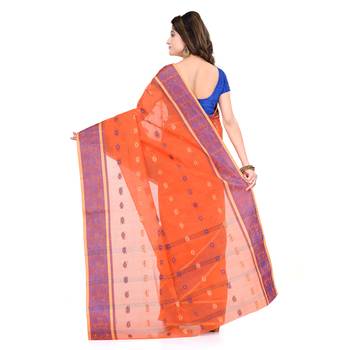 Orange hand woven cotton saree  2