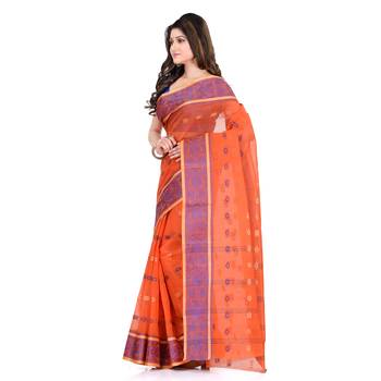 Orange hand woven cotton saree  3