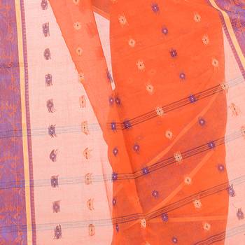 Orange hand woven cotton saree  4