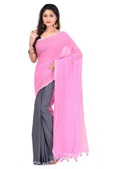 Grey hand woven cotton silk saree with blouse