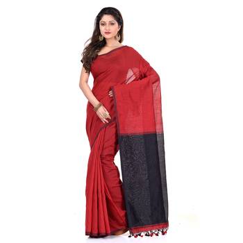 Red hand woven cotton silk saree with blouse 1