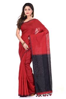 Red hand woven cotton silk saree with blouse
