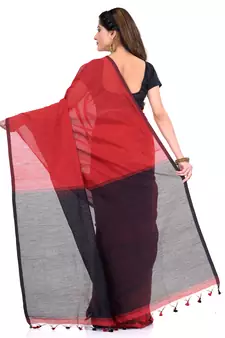 Red hand woven cotton silk saree with blouse