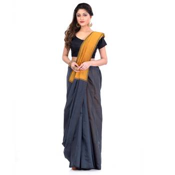 Black hand woven cotton silk saree with blouse 3