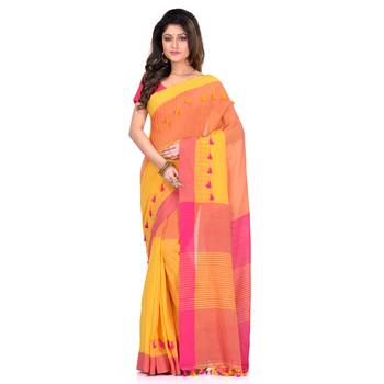 Yellow hand woven cotton saree with blouse 1
