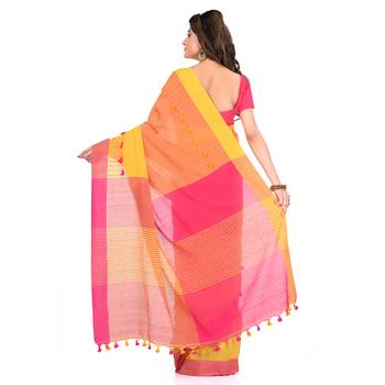 Yellow hand woven cotton saree with blouse 2