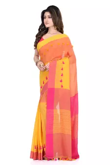 Yellow hand woven cotton saree with blouse