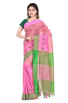 Pink hand woven cotton saree with blouse