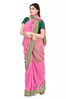 Pink hand woven cotton saree with blouse