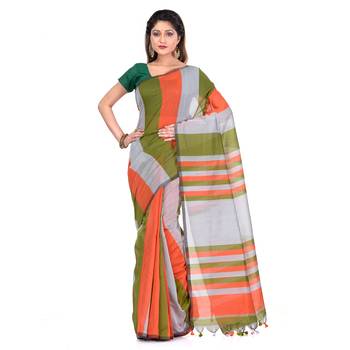 Green printed cotton silk saree with blouse 1