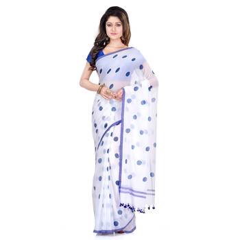 White Printed Cotton Saree Without Blouse 1