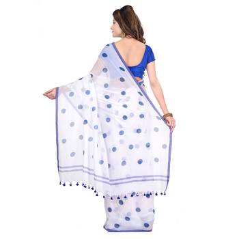 White Printed Cotton Saree Without Blouse 2